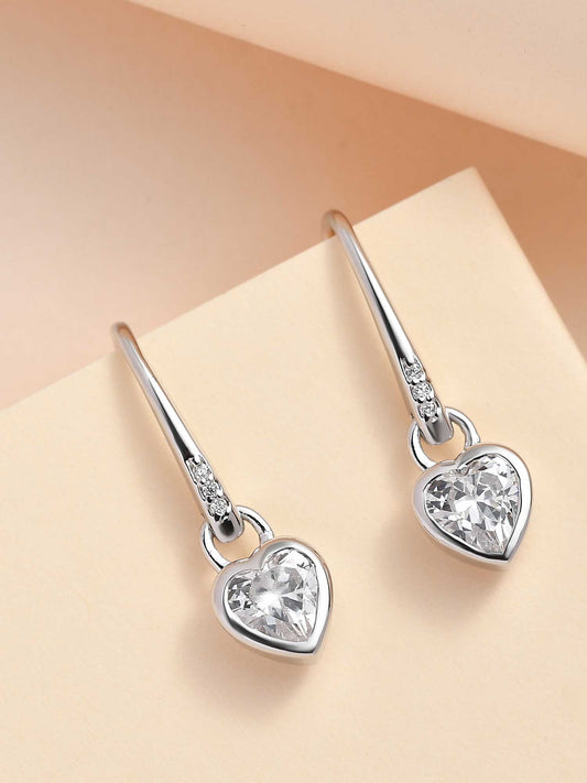 925 Silver American Diamond Small Heart Shaped Dangle Earrings