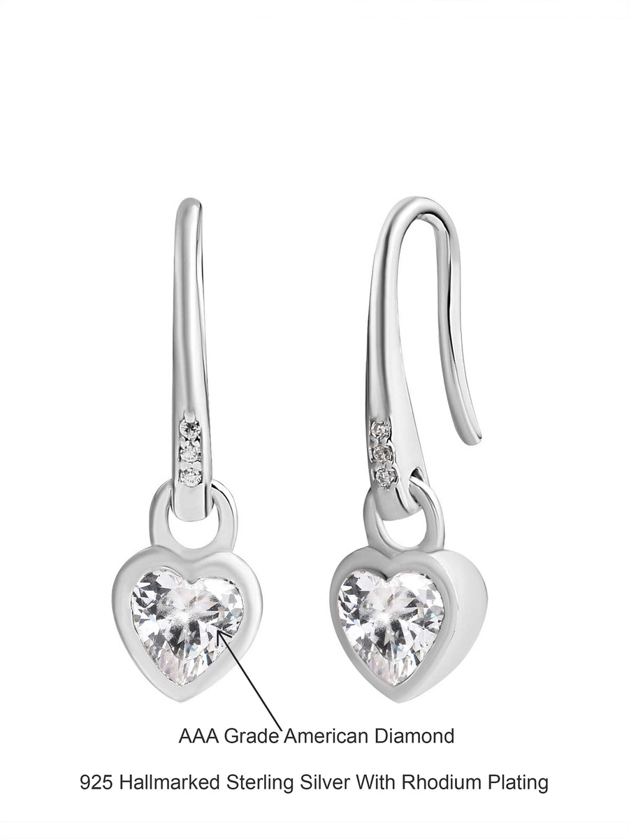 925 Silver American Diamond Small Heart Shaped Dangle Earrings-3