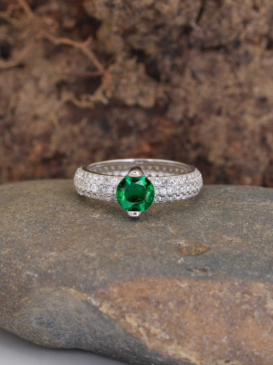 Solitaire Ornate Green Emerald Silver Ring For Women