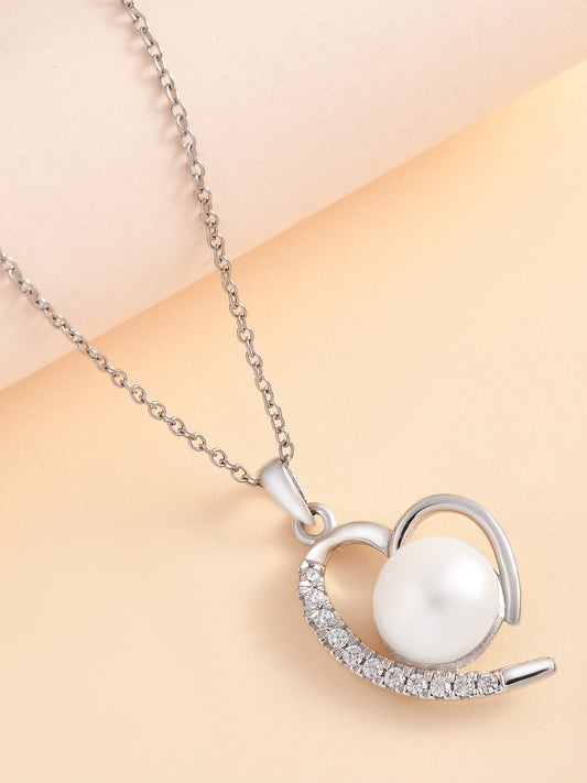 Heart Shape Real Pearl Pendant With Chain In Pure Silver