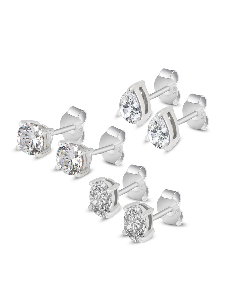 SET OF 3 AMERICAN DIAMOND SOLITAIRE STUDS EARRINGS IN 925 SILVER