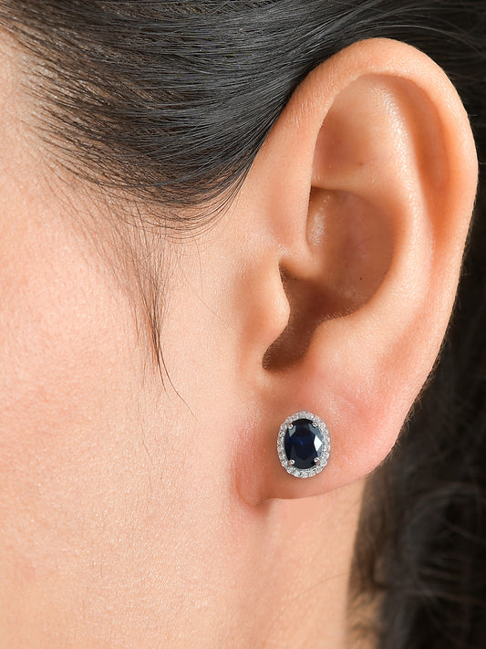 Blue Sapphire Stud 925 Silver Earrings In Oval Shape-1