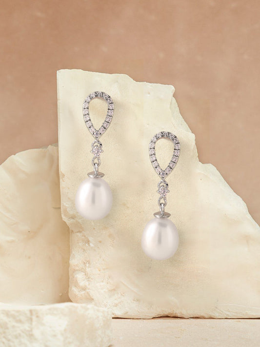 925 Silver Pearl and American Diamond Dangle Earrings For Women-1