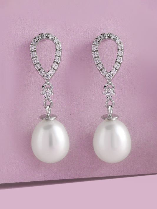 925 Silver Pearl and American Diamond Dangle Earrings For Women