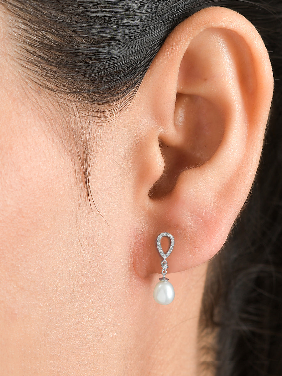 925 Silver Pearl and American Diamond Dangle Earrings For Women-2