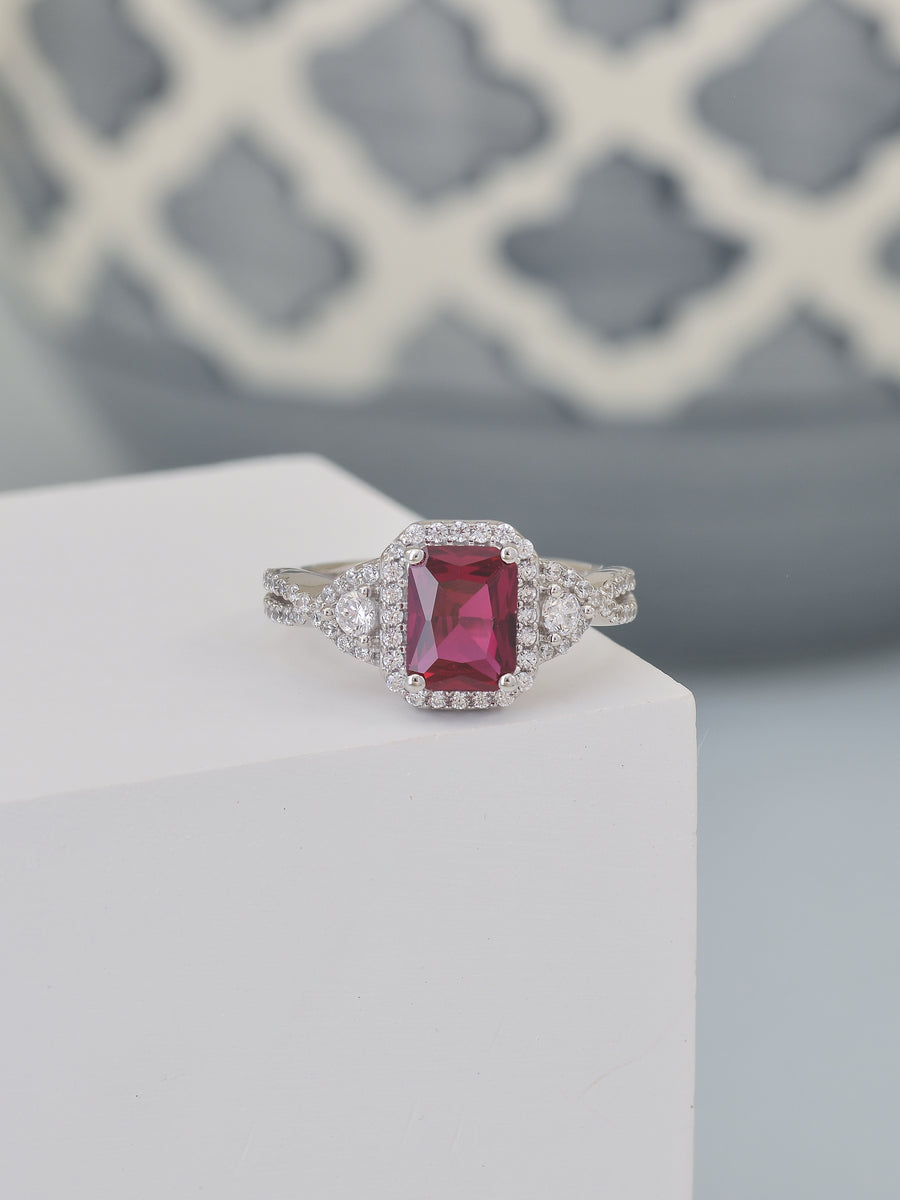 Ornate Jewels Red Ruby Silver Ring With Cz
