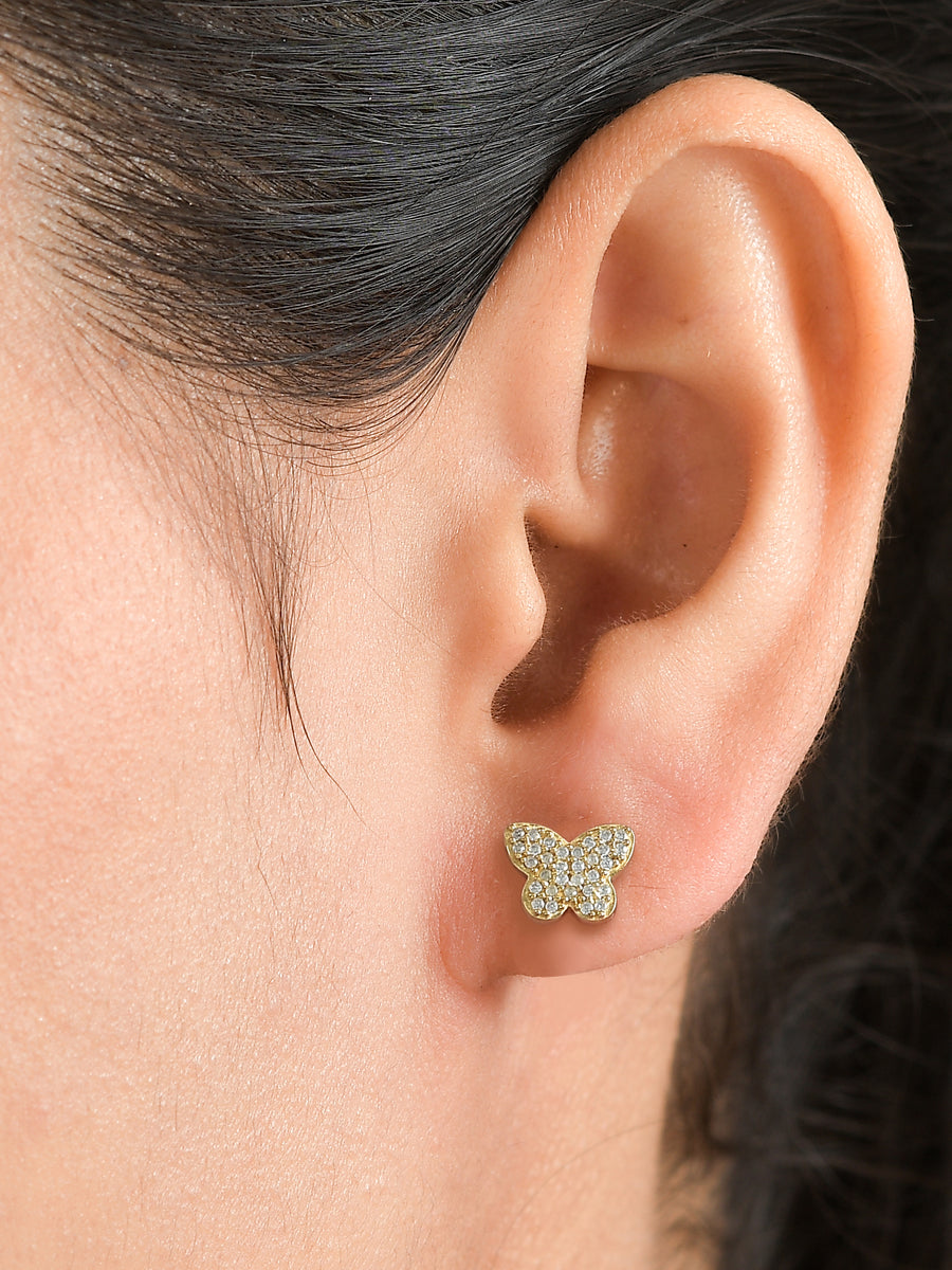 Yellow Gold Plated Silver Butterfly Diamond Look Earrings-1