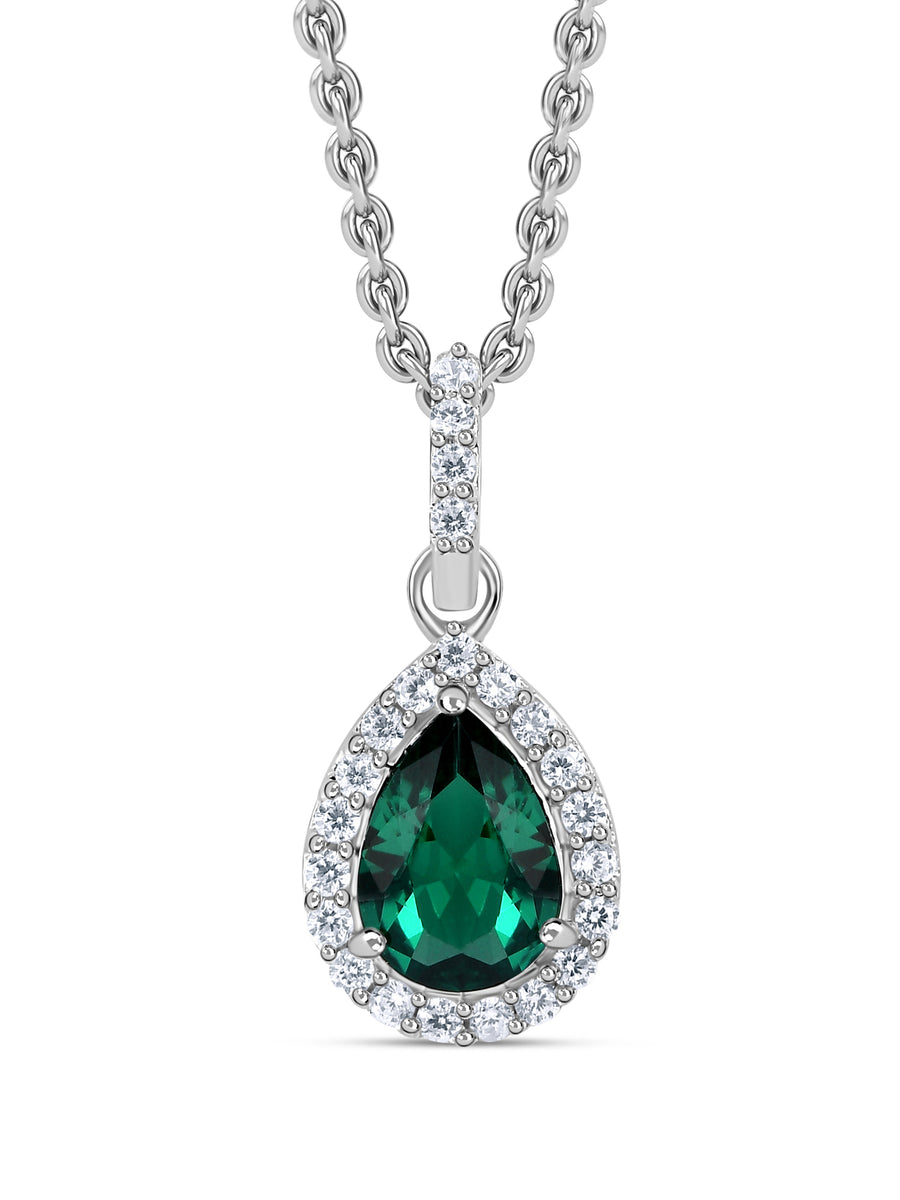 Pear Shape Emerald Halo Pendant With Silver Chain-2