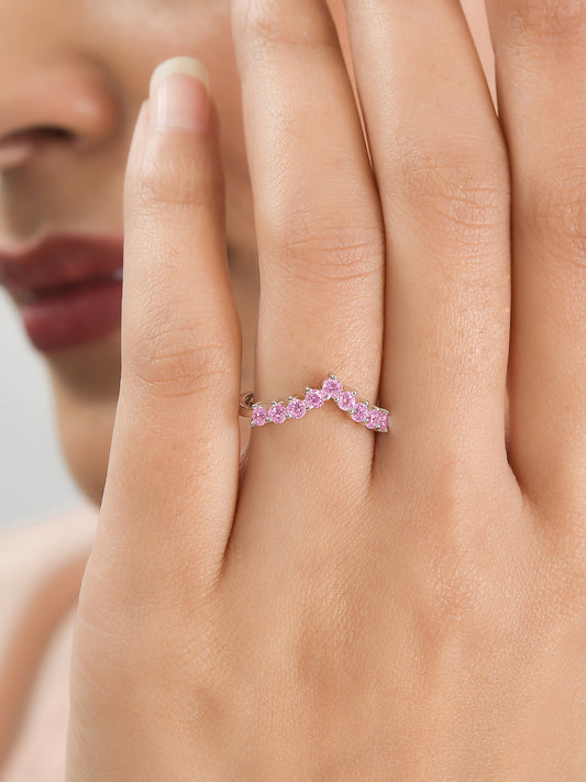 Pink Stone Adjustable Chevron Rings In 925 Silver