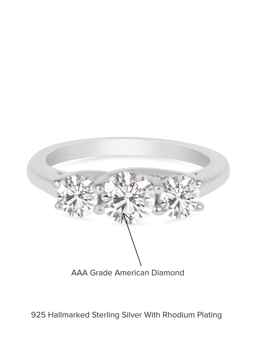 Three Stone American Diamond Pure Silver Ring For Women