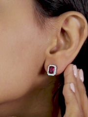 Red Ruby And American Diamond Halo Stud Earrings In 925 Silver