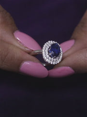 Blue Sapphire And American Diamond Doubal Halo Ring In Silver