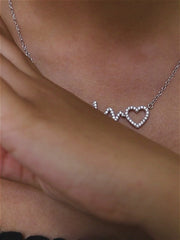 925 Sterling Silver American Diamond Heart Beat Necklace For Women-5
