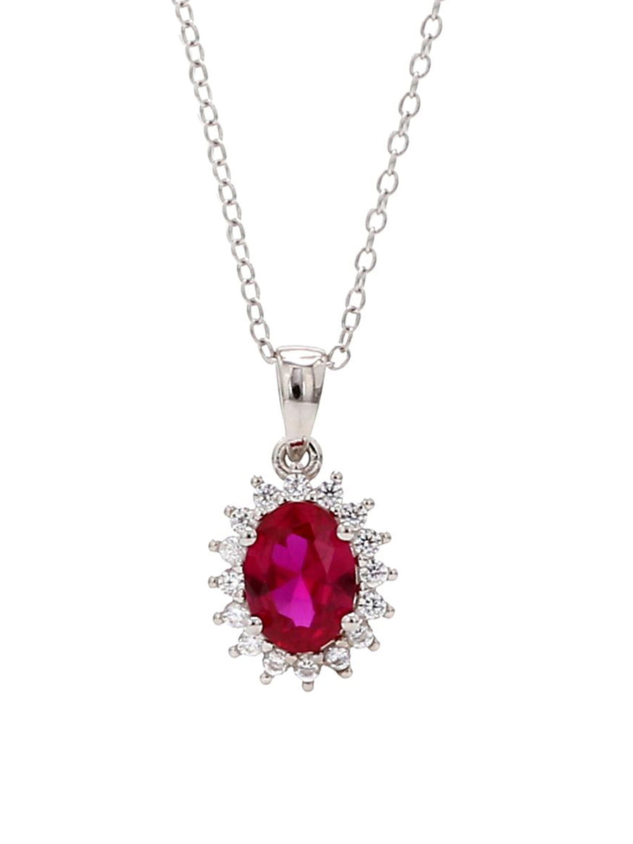 STERLING SILVER RED RUBY HALO OVAL PENDANT-4