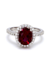 Red Ruby And American Diamond Halo Ring In 925 Silver