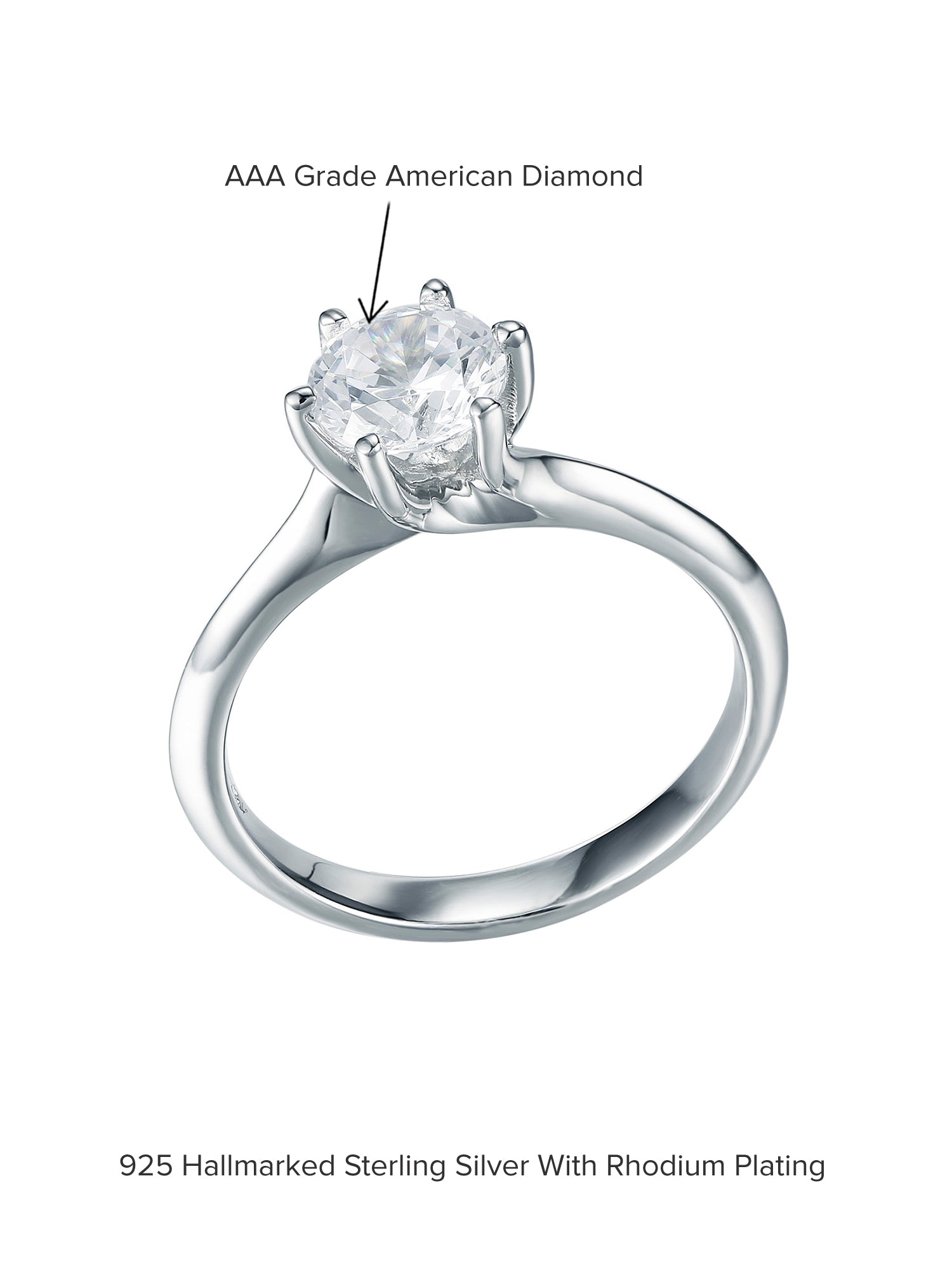 SIX PRONG 2 CARAT SOLITAIRE AMERICAN DIAMOND 925 SILVER RING