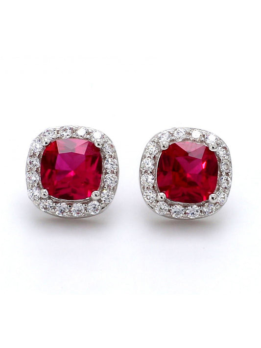 Ruby And American Diamond Classic Halo Stud Earrings In 925 Silver-1