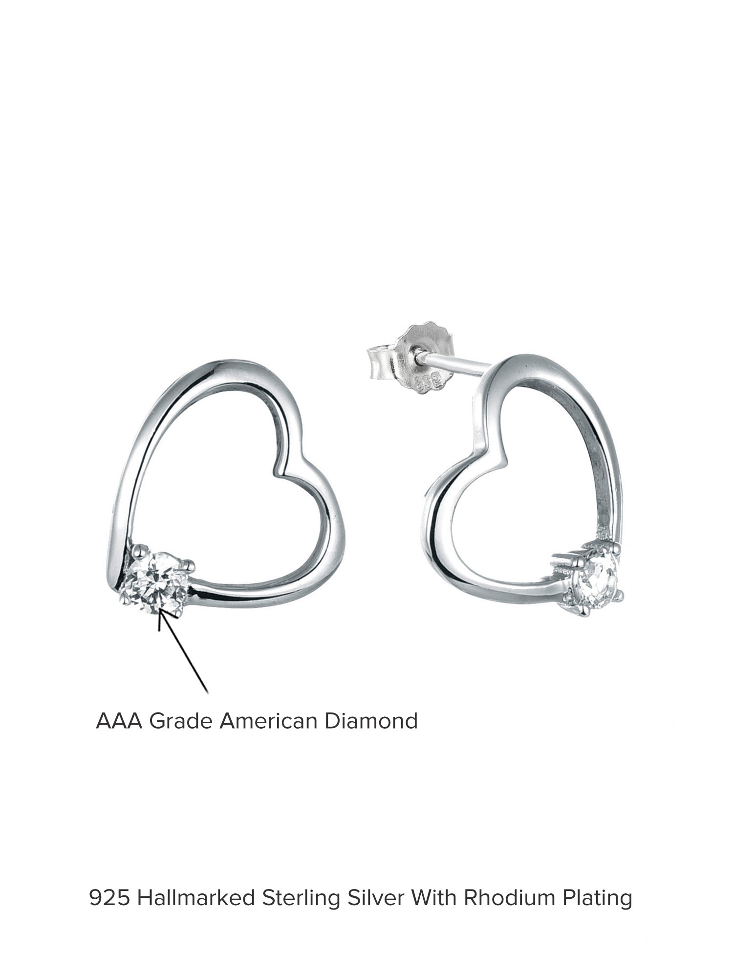 925 STERLING SILVER HEART SHAPED SOLITAIRE STUD EARRINGS FOR HER