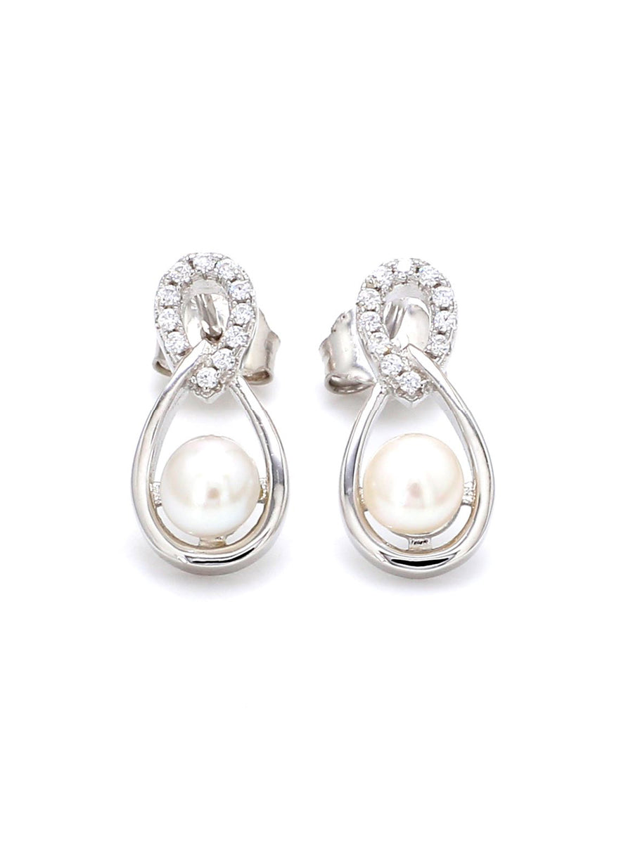 Real Freshwater Round Pearl And Diamond Stud Earring In 925 Silver