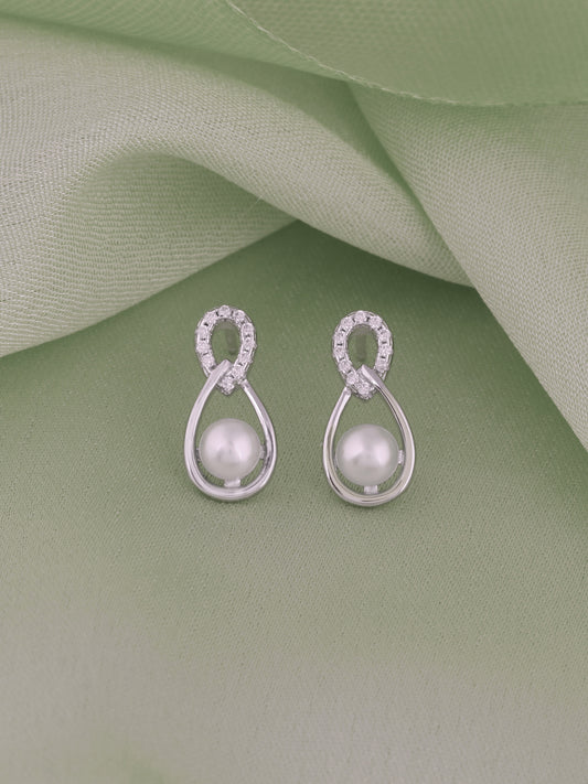 REAL FRESHWATER ROUND PEARL AND DIAMOND STUD EARRING IN 925 SILVER-6