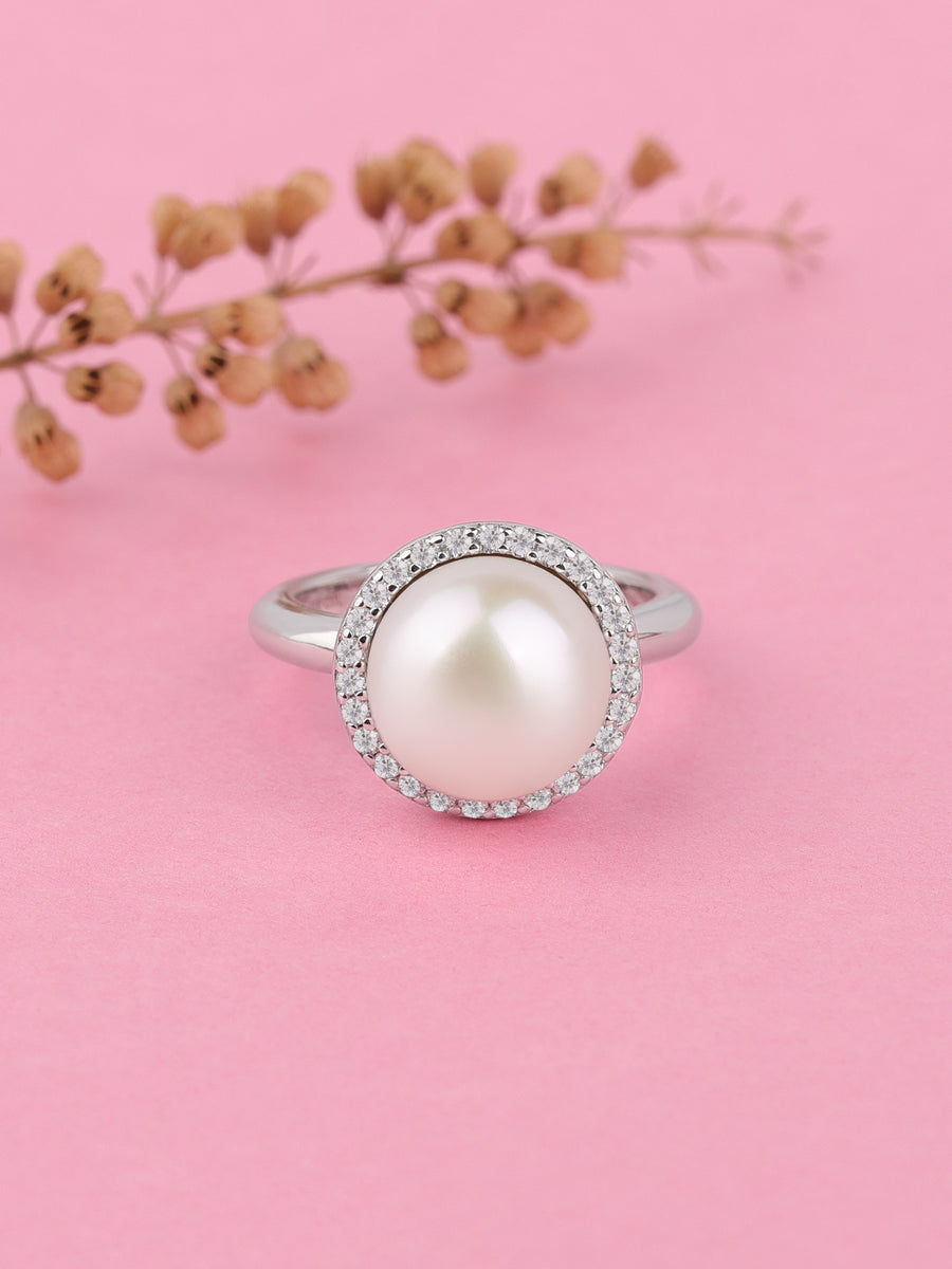Single Pearl 925 Silver Big Ring For Women-10