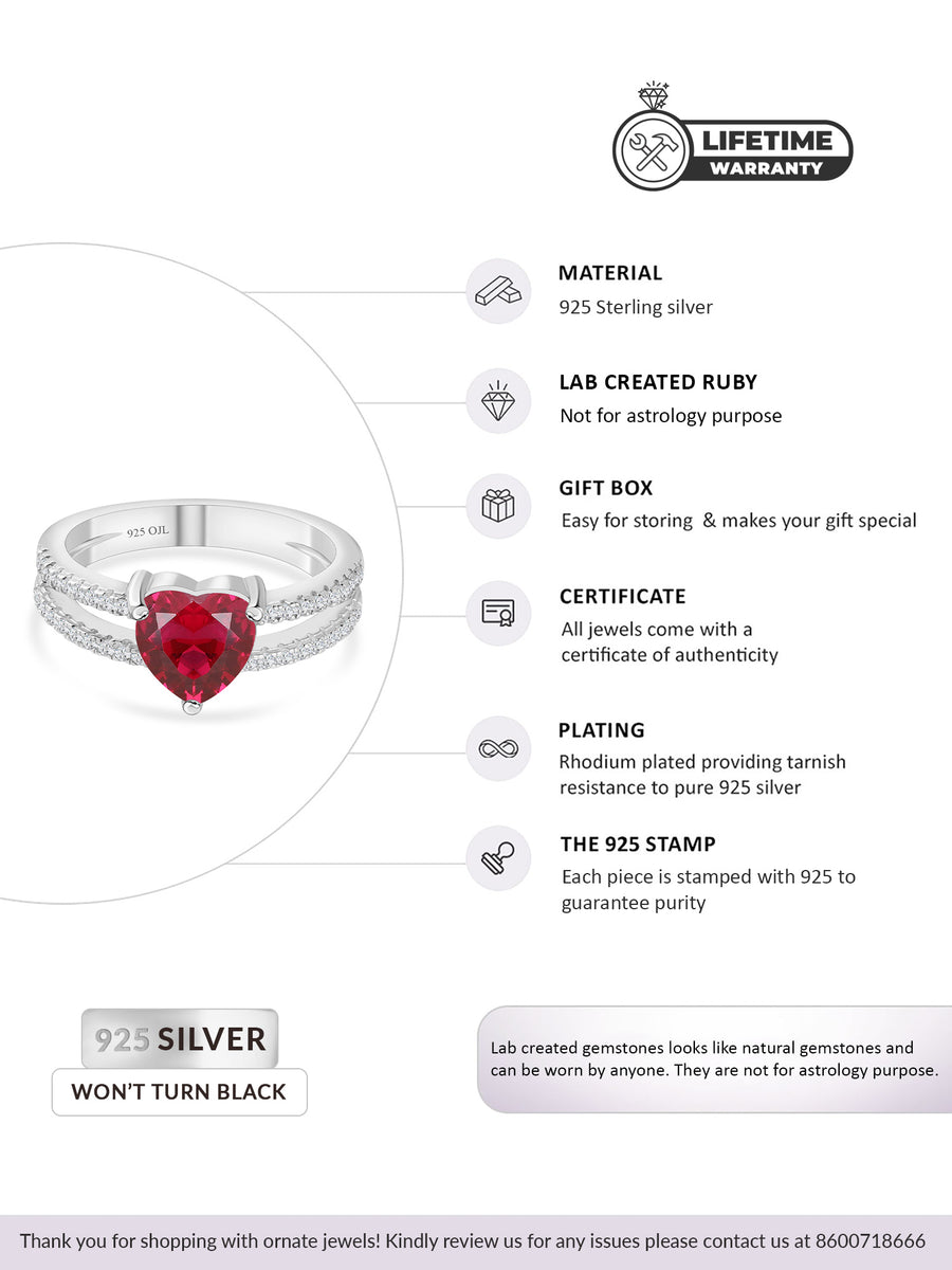 Red Ruby And American Diamond Heart Shape Ring In 925 Silver