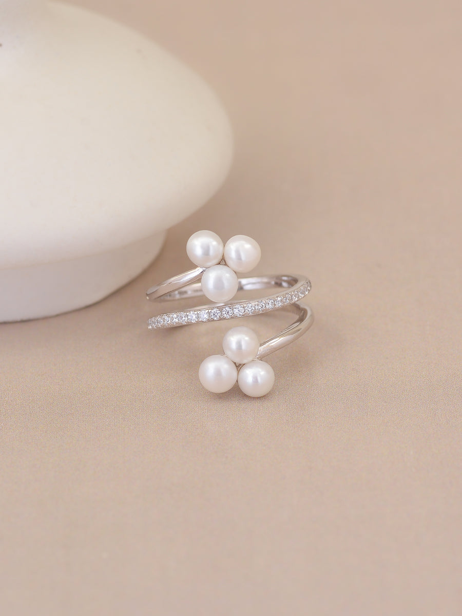 Pearl & American Diamond Silver Band Ring