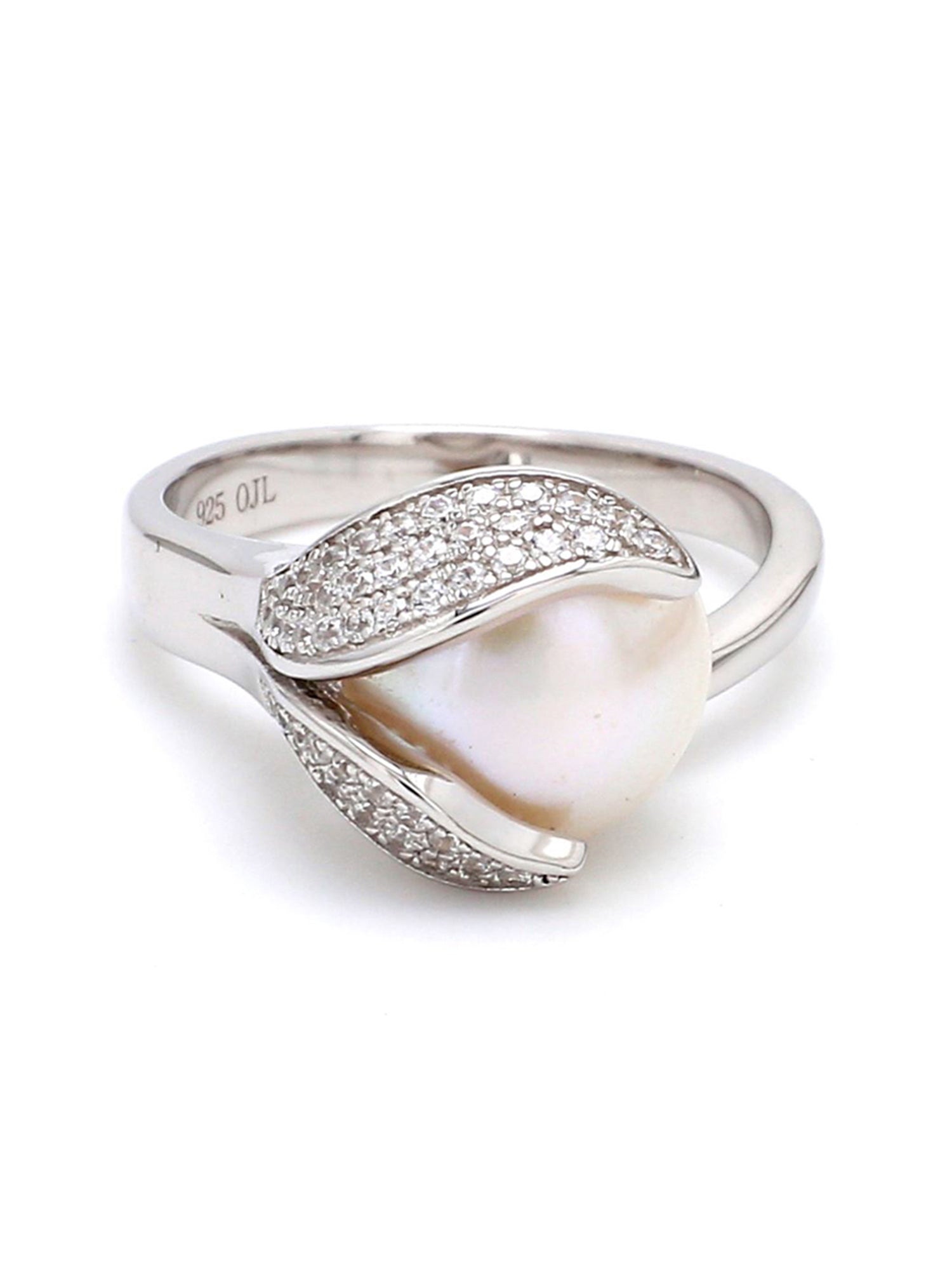 Pearl 925 Sterling Silver Ring In Leaf Design