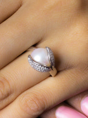 Pearl 925 Sterling Silver Ring In Leaf Design-2