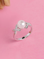 Natural Freshwater Pearl And Diamond Love X Ring In 925 Silver