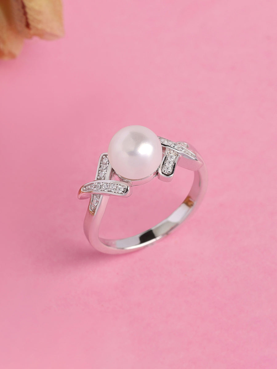 Natural Freshwater Pearl And Diamond Love X Ring In 925 Silver