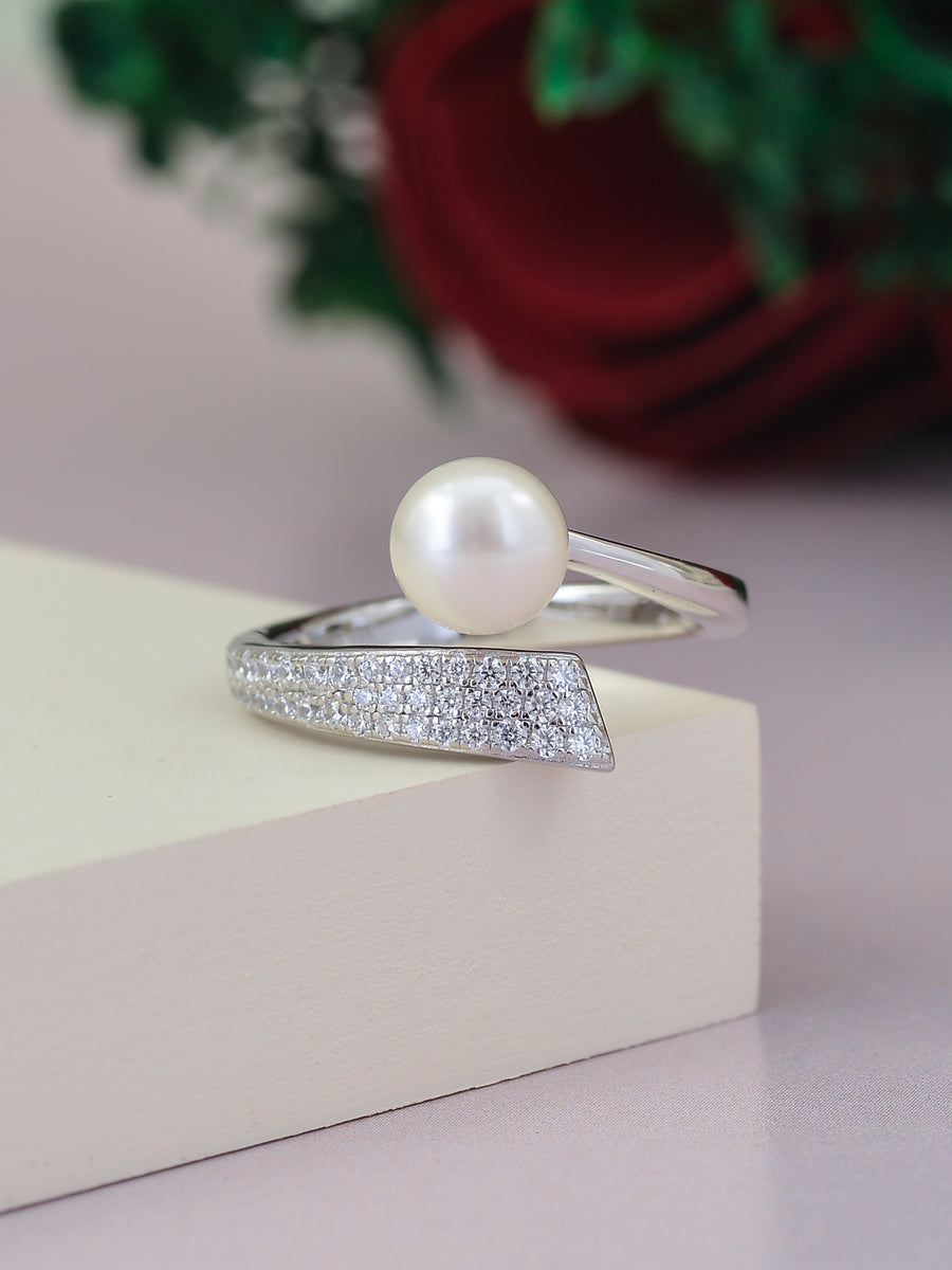 Natural Freshwater Pearl And Diamond Designer Ring In 925 Silver-1