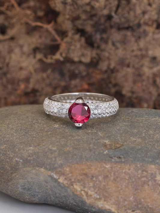 Solitaire Ornate Ruby Silver Ring For Women