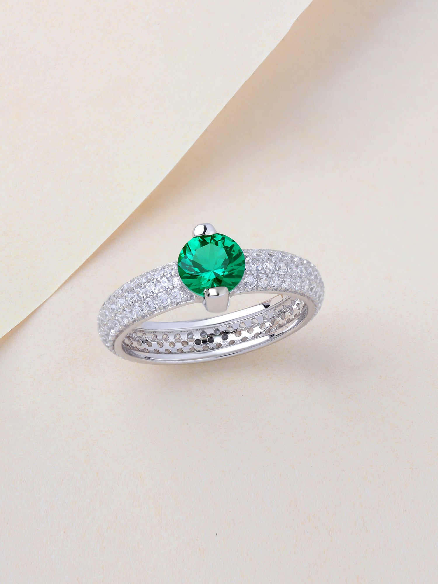 Solitaire Ornate Green Emerald Silver Ring For Women-1