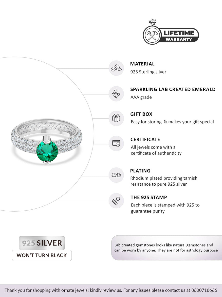 Solitaire Ornate Green Emerald Silver Ring For Women-4