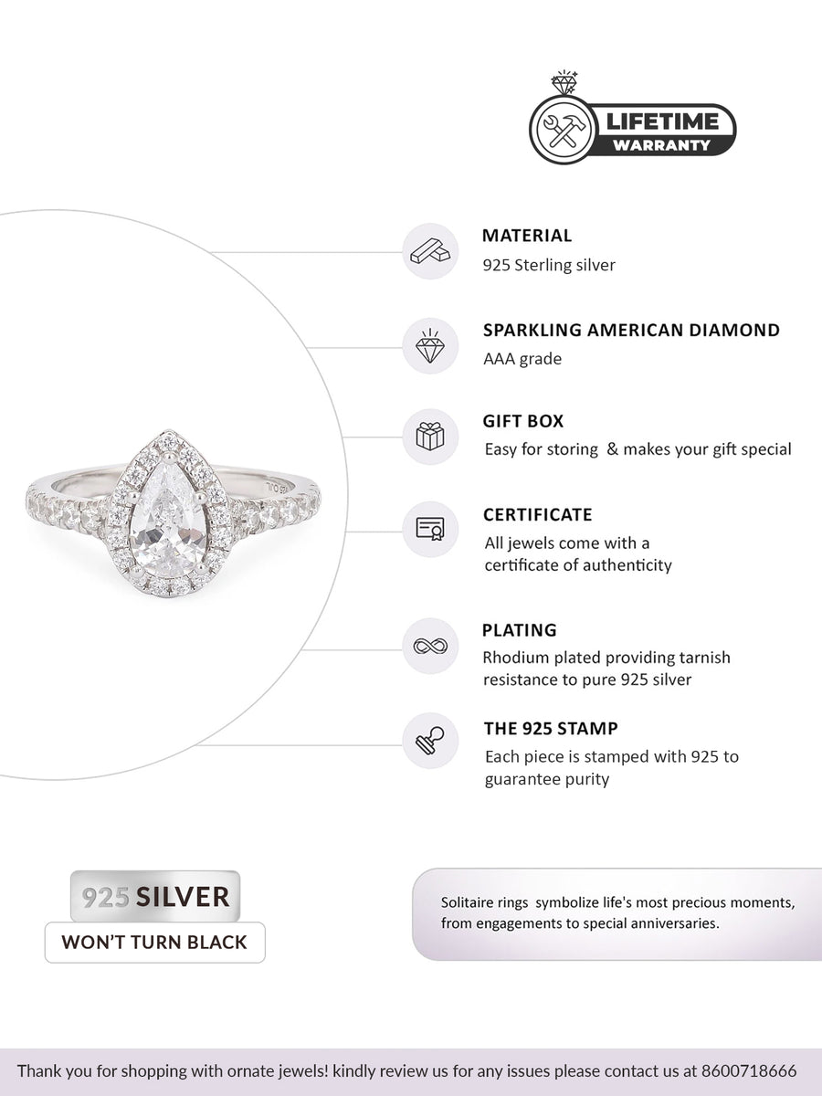 925 Silver Ring In Pear Shaped 1 Carat American Diamond-6