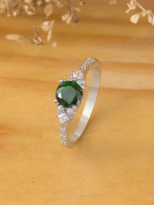 925 STERLING SILVER TRIO SOLITAIRE EMERALD SILVER RING