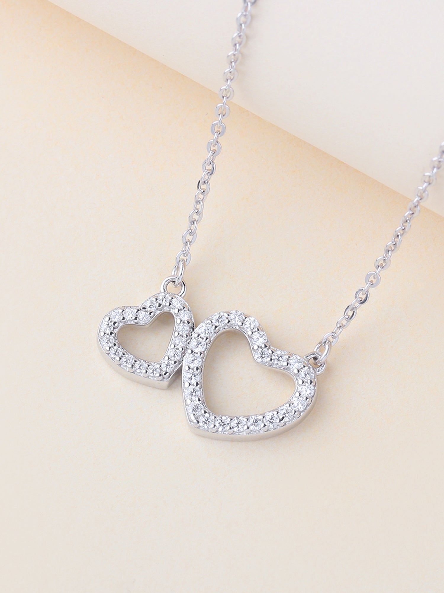 925 Silver Aaa Grade American Diamond Double Heart Pendant With Chain