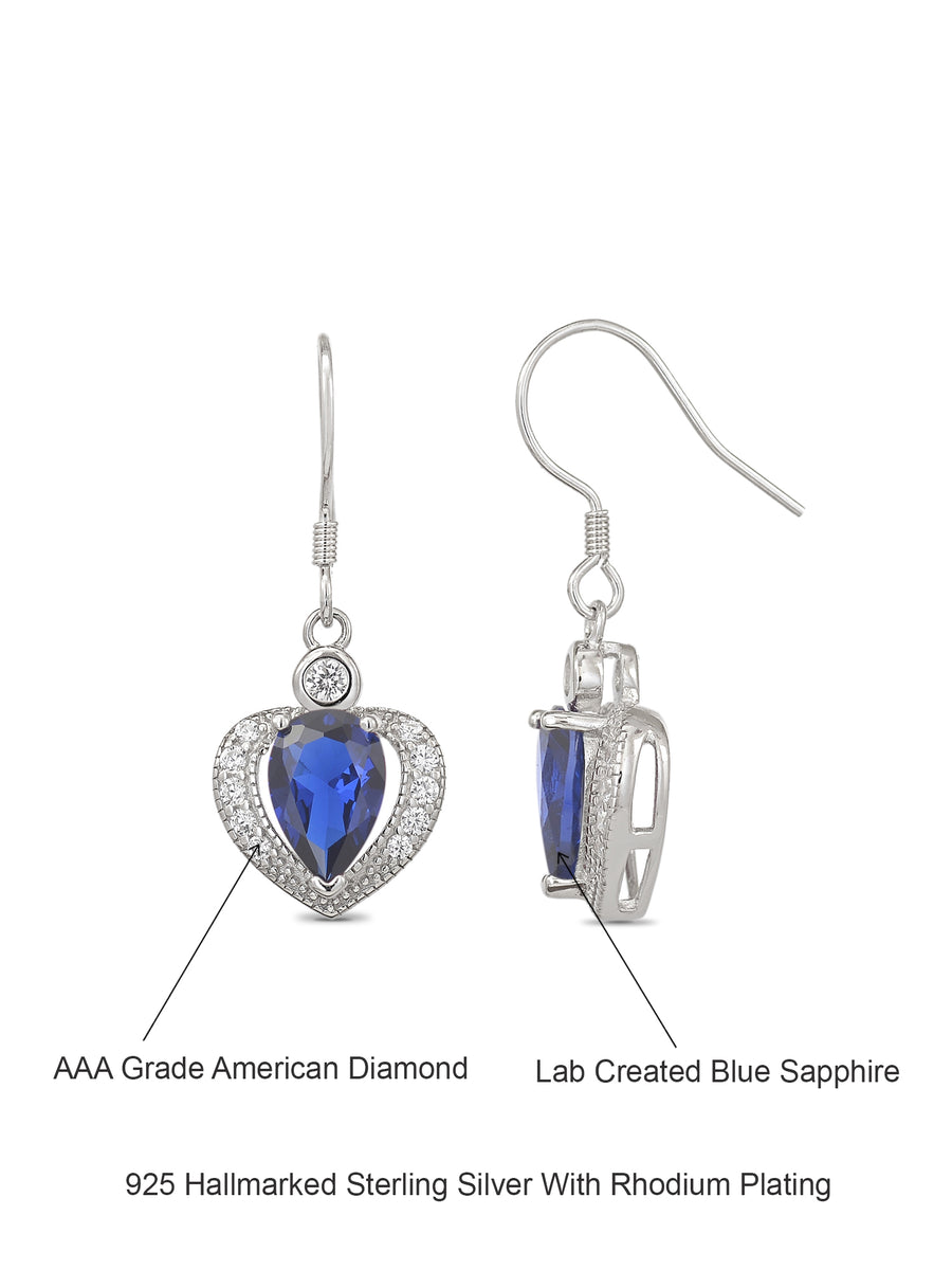 Heart Shaped Blue Sapphire 925 Silver Dangle Earrings For Women-5