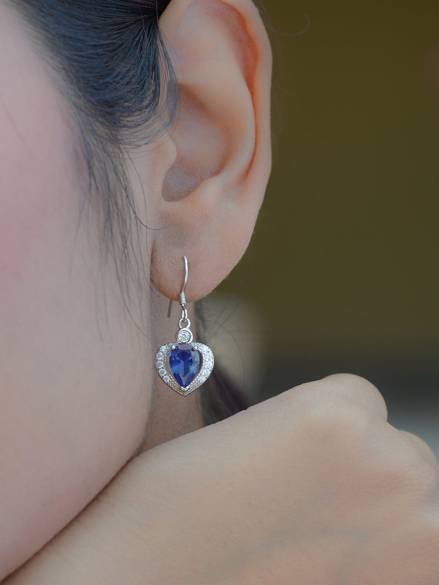 Heart Shaped Blue Sapphire 925 Silver Dangle Earrings For Women-2