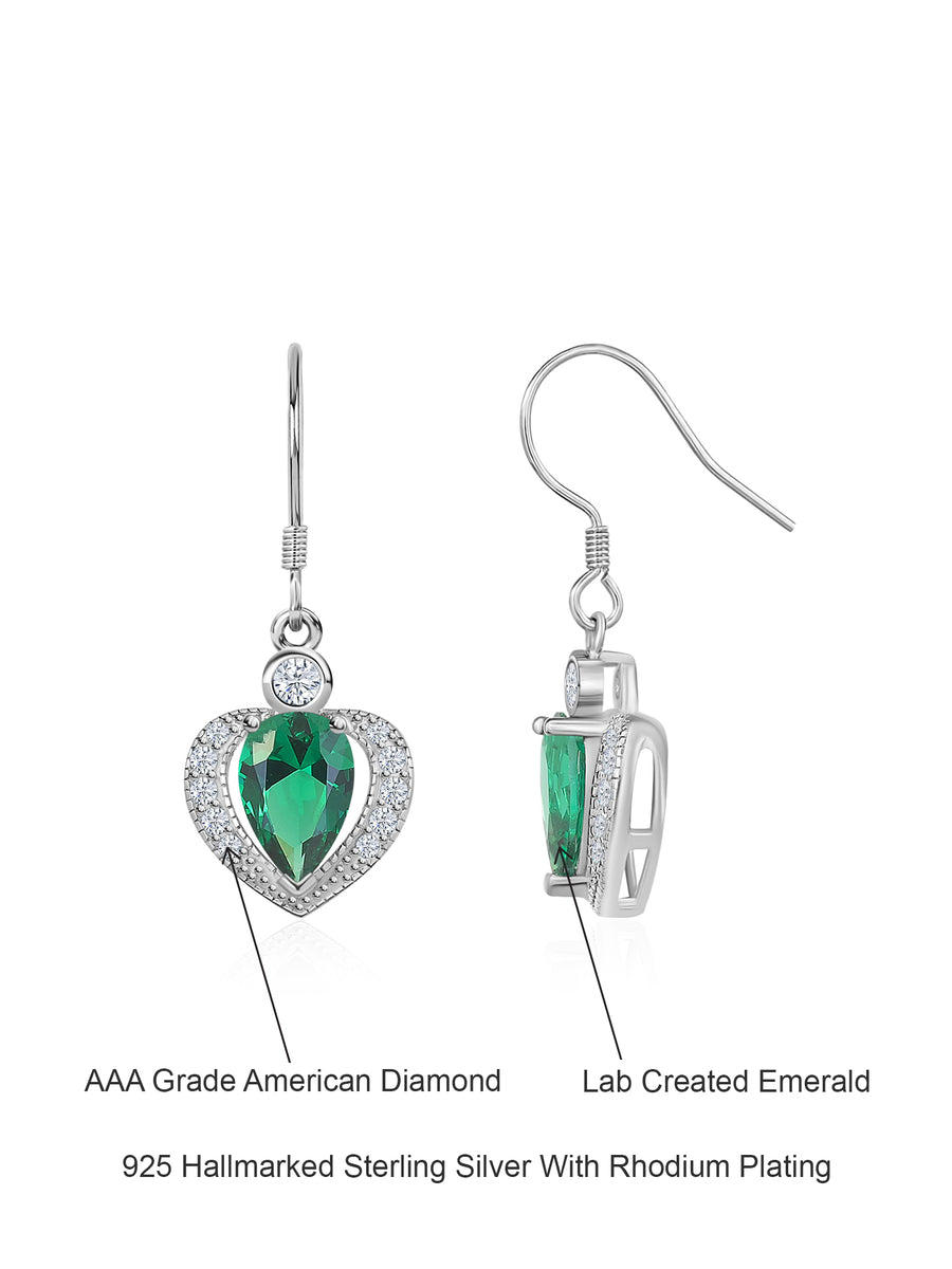 Heart Shaped Green Emerald 925 Silver Dangle Earrings For Women-3