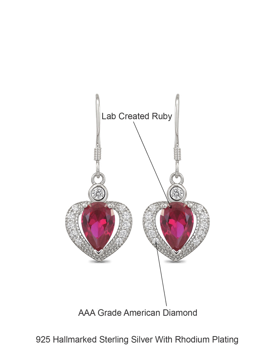 Heart Shaped Red Ruby 925 Silver Dangle Earrings For Women-3