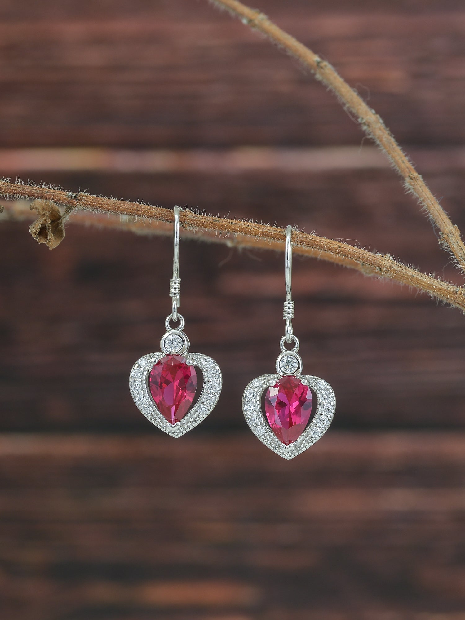 Heart Shaped Red Ruby 925 Silver Dangle Earrings For Women