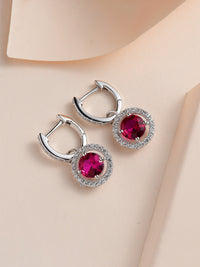 Red Ruby And American Diamond Halo Earrings In 925 Sterling Silver