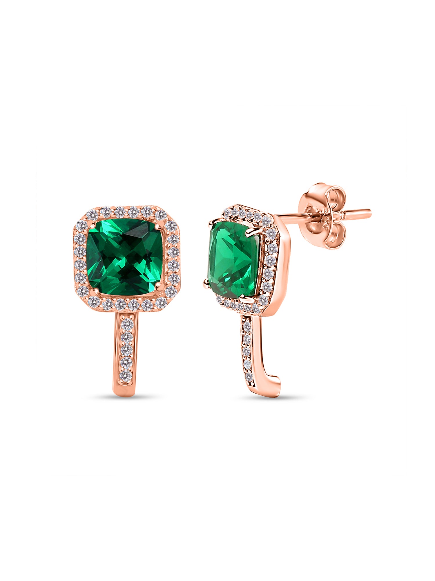 925 Silver Emerald J Hoop Earrings With Rose Gold Plating-1