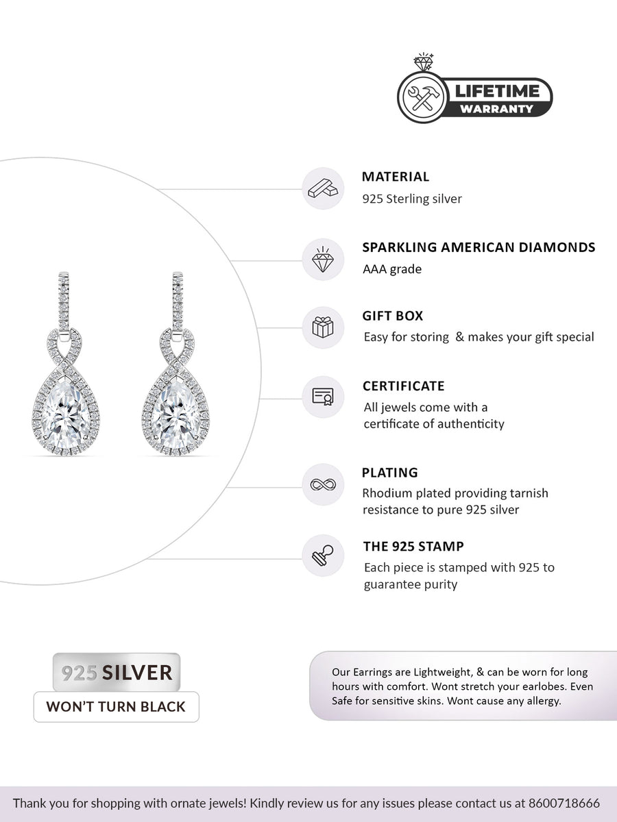 American Diamond Infinity Style Dangle Sterling Silver Earrings-Info