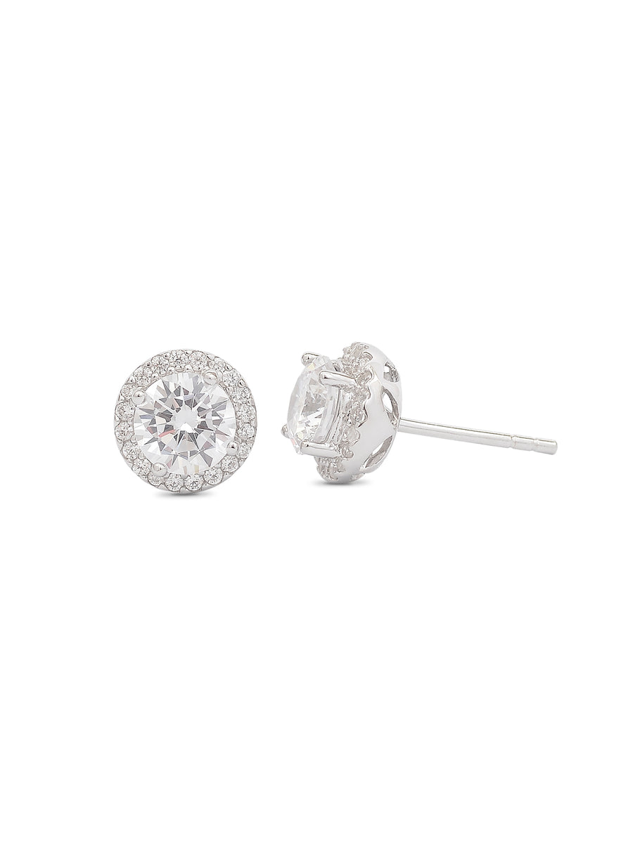 Solitaire Halo Pure Silver Stud Earrings For Women