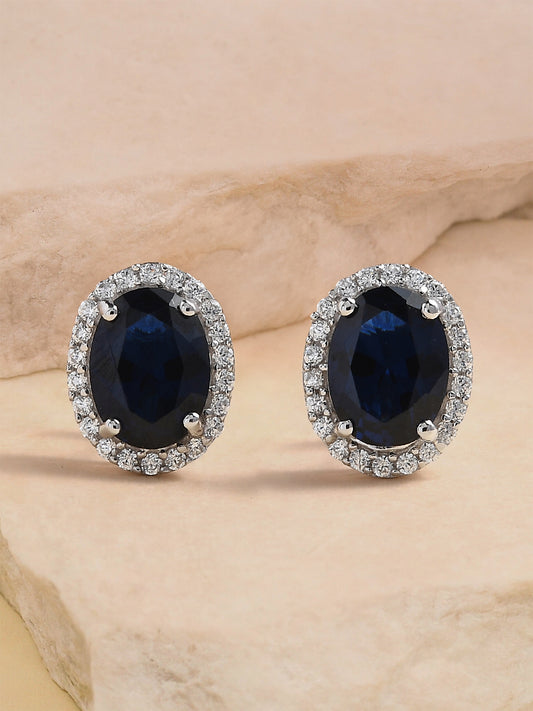 Blue Sapphire Stud 925 Silver Earrings In Oval Shape