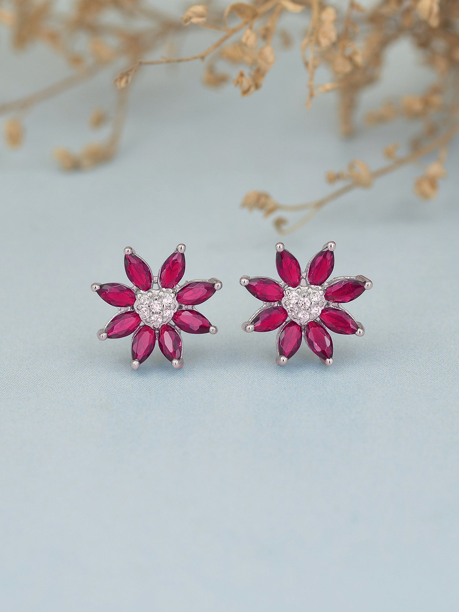 Ruby And American Diamond Floral Design Stud Earrings In 925 Silver
