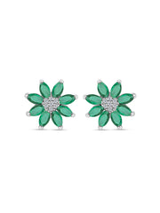 Silver Flower Stud Earrings In Green Emerald